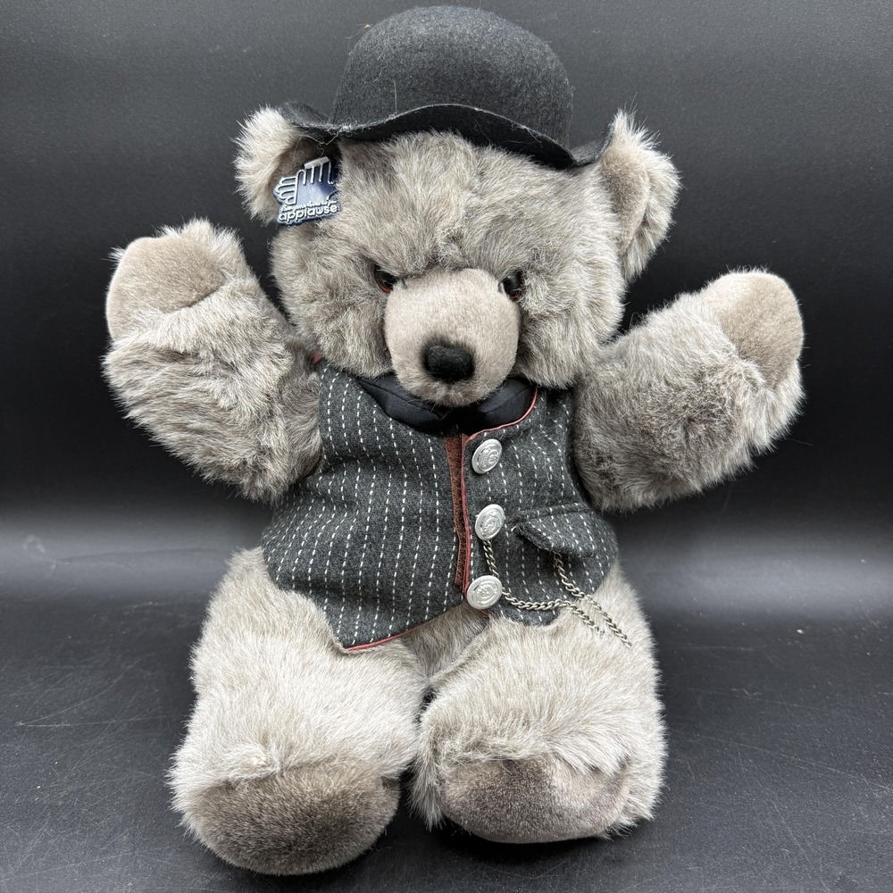 Vintage Applause Plush Bear Small Dressed Vest Top Hat Bow Tie Gray Vintage